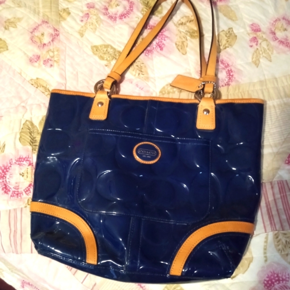 Coach Blue and Tan Tote Bag with Gold Hardware